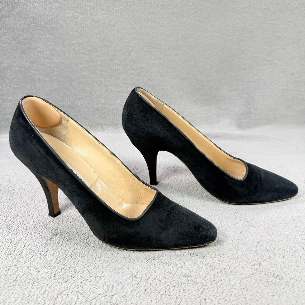 Manolo Blahnik Womens 38.5 Black Suede Leather Trim Pointed Toe Stiletto Pumps